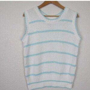 Cape Isle Knitters Women Sweater Vest SZ Small White Blue Stripe 100% Cotton USA